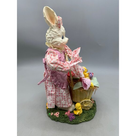 Vintage Ceramic Bunny Figurine Pink Checkered Dress Basket Flowers Chicks READ - Picture 2 of 10